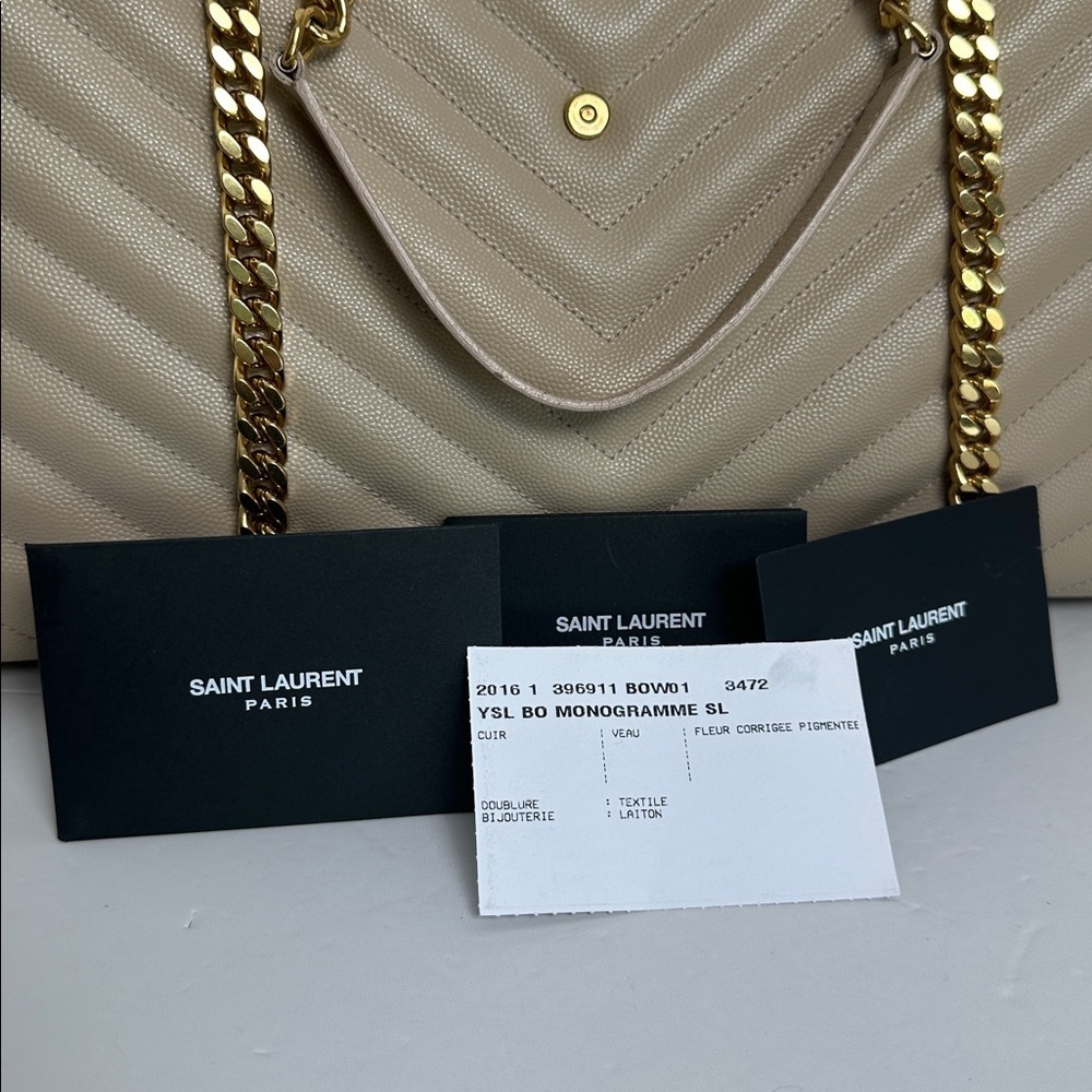 Saint Laurent YSL Monogram Chevron Shopping Tote – Beige with Gold Hardware - Picture 14 of 17